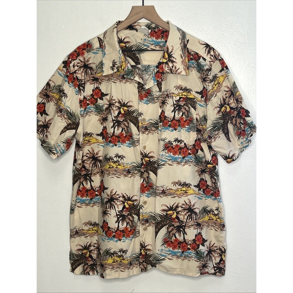 Barefoot In Paradise Hawaiian Shirt Palm Toucan Men's Large